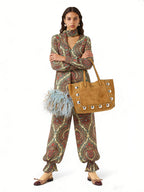 Paisley Print Relaxed Scarf Blouse & Elastic Hem Pants Set