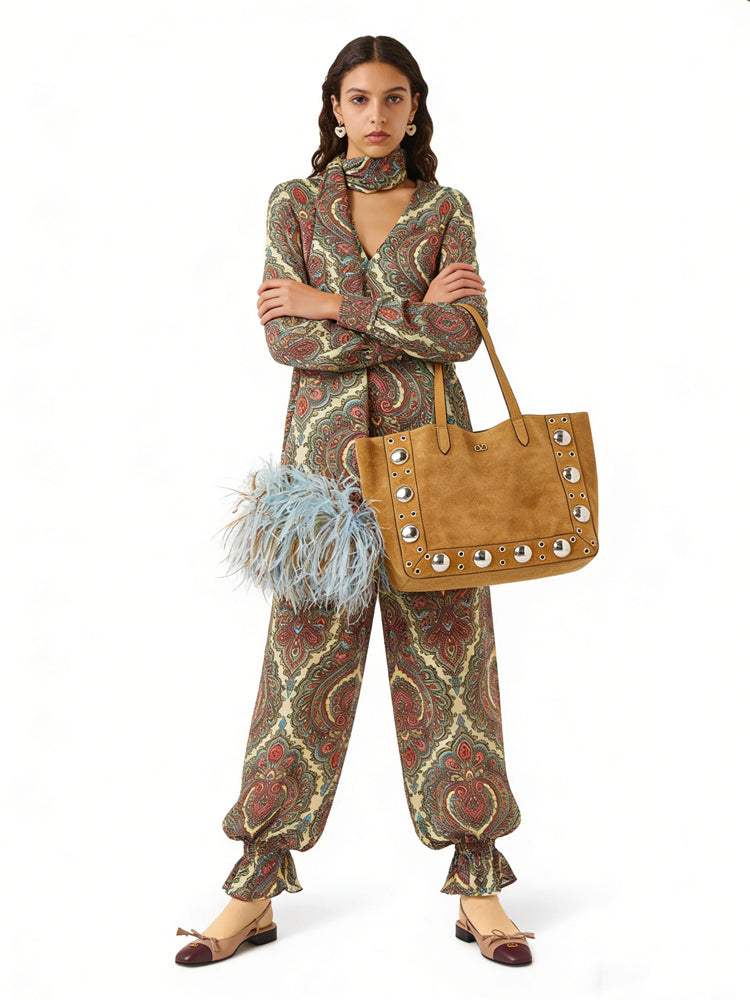 Paisley Print Relaxed Scarf Blouse & Elastic Hem Pants Set