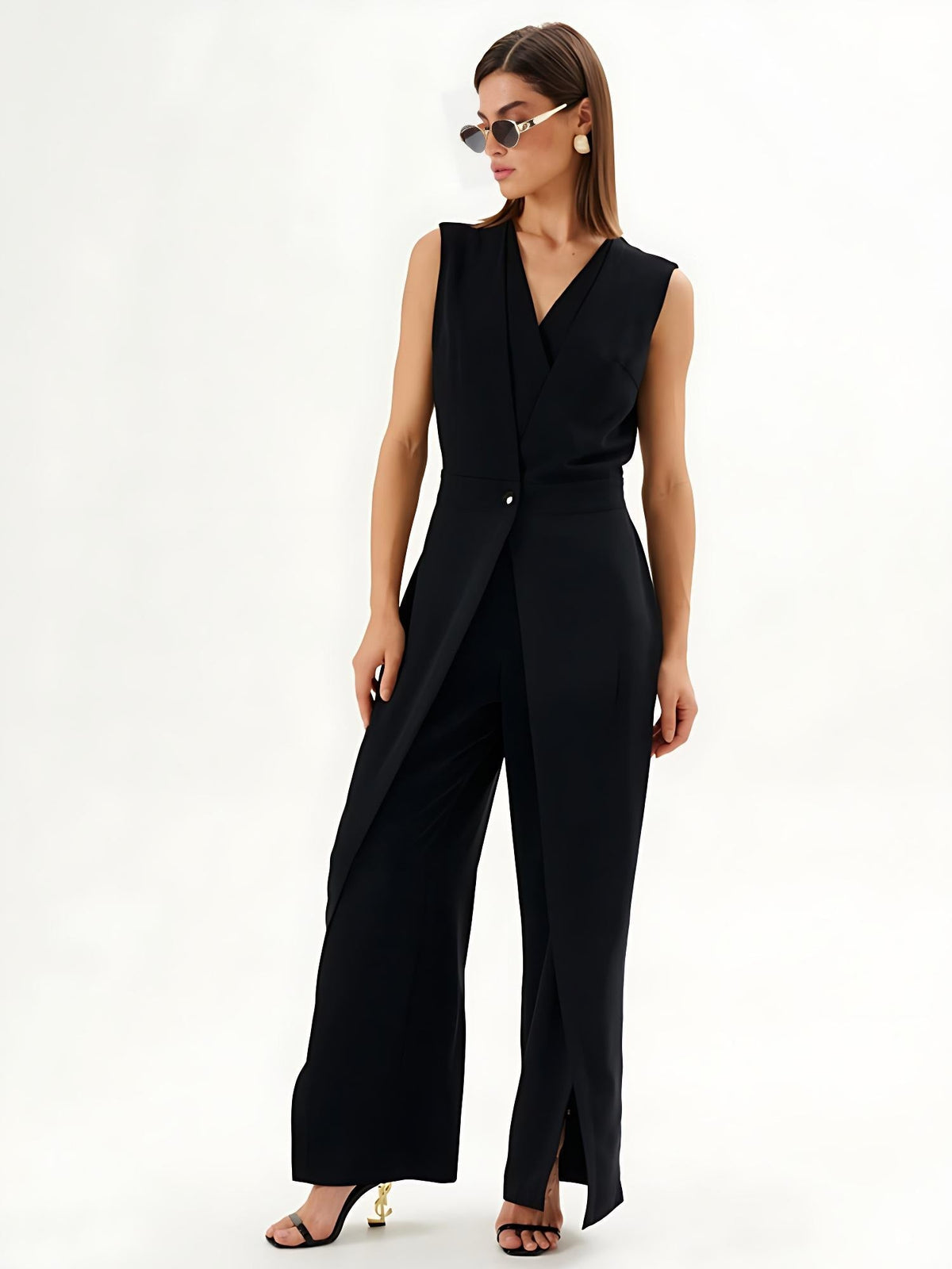 Black Sleeveless Wrap-Effect Wide-Leg Jumpsuit