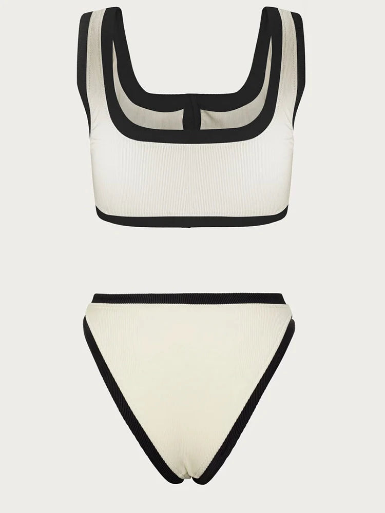 Elegant Contrast Button Detail Two-Piece Swimsuit