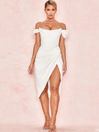 Cap Shoulder Corset Bodycon Midi Dress - White