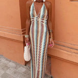 Halter V Neck Backless Boho Pattern Knit Slim-Fit Vacation Maxi Dresses-Beige