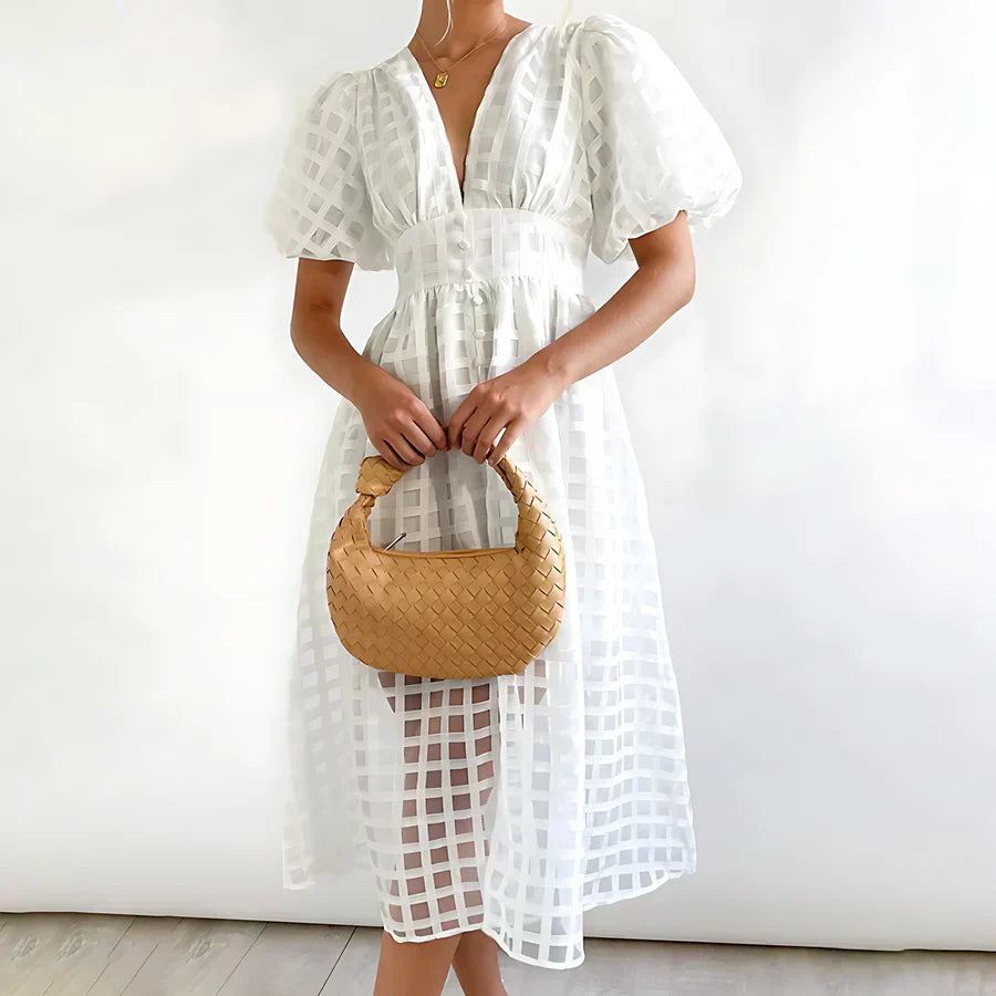 Cindy - Classic Patterned Puff Sleeve Midi Dress