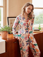 Cute Cat Print Ice Silk Long-Sleeve Pajama Set