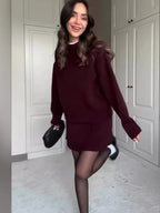 Solid Color Knit Sweater and Mini Skirt Set
