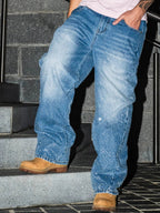Blue Rhinestone Wide-Leg Jeans