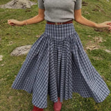 Navy Plaid High-Waist A-Line Skirt
