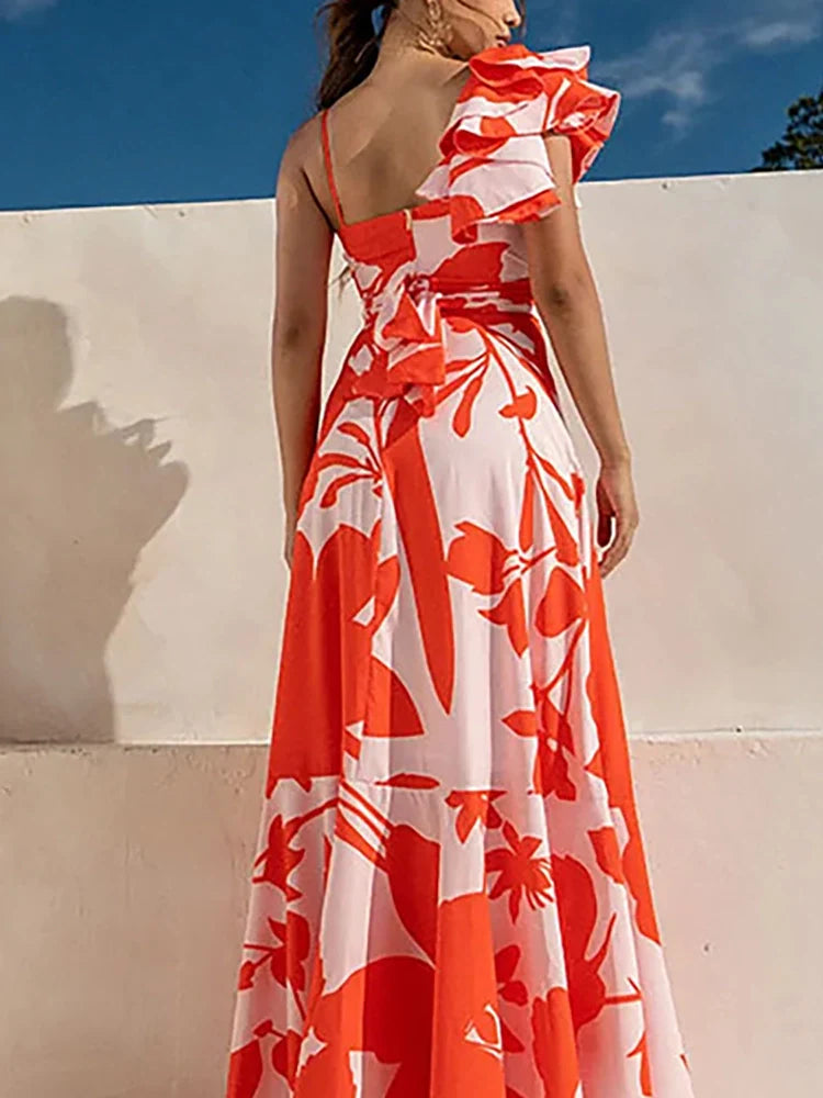 Ruffle Floral Print One-Piece Swimsuit Set