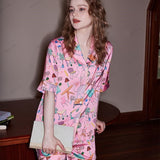 Elephant and Furniture Print Ice Silk Short-Sleeve Loungewear Set