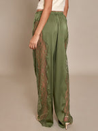 Deep Olive Satin Lace-Trim Drawstring Pants