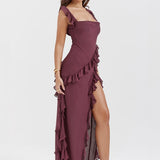 Ruffled Long Maxi Slip Dress - Mulberry