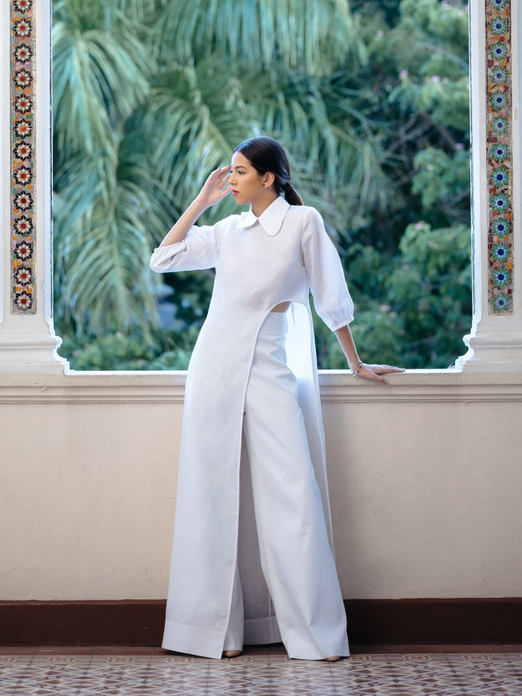 Soft-Structure Cutout Shirt & Wide-Leg Pant Set