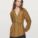 Belted V-Neck Flowing Shirt