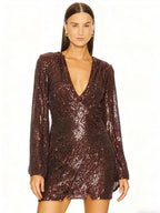 Sequin Wrap V-Neck Long-Sleeve Mini Dress
