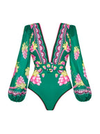Deep V Retro Print Long Sleeve Swimsuit Set