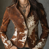 Vintage Stand Collar Suede Cow Print Slim Jacket