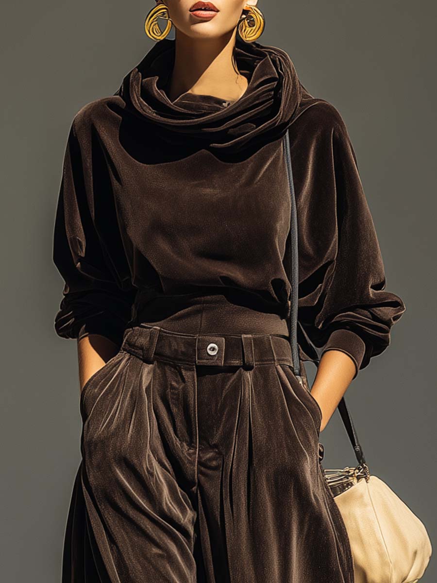 Vintage Brown Velvet Hoodie And Loose-Fitting Trousers Set（Includes Belt）