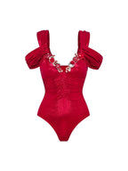 Red Glossy One-Piece with 3D Butterfly