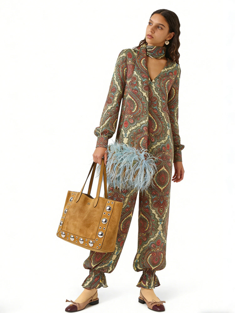 Paisley Print Relaxed Scarf Blouse & Elastic Hem Pants Set