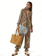 Paisley Print Relaxed Scarf Blouse & Elastic Hem Pants Set