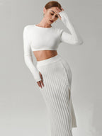 Stylish Solid Color Pleated Knit Skirt Set