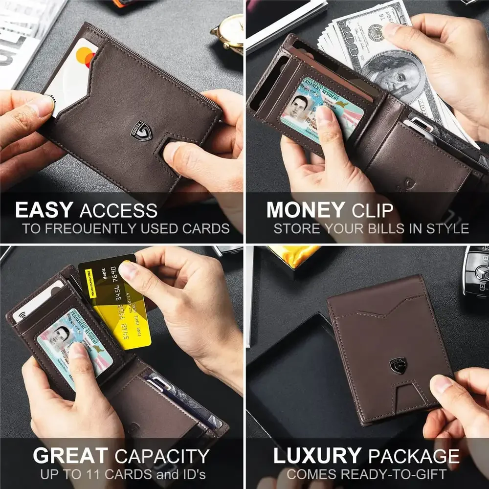 Men's Slim Leather RFID Blocking Wallet - Minimalist Carbon Fiber Bifold
