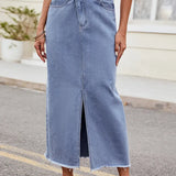 Washed Asymmetrical Denim Split Skirt