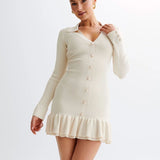 Ruffled Pearl Button Knit Mini Dress