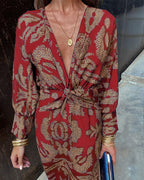 Janella - Vintage Draped Long Sleeve Midi Dress