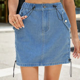 Summer Washed Drawstring Denim Skirt