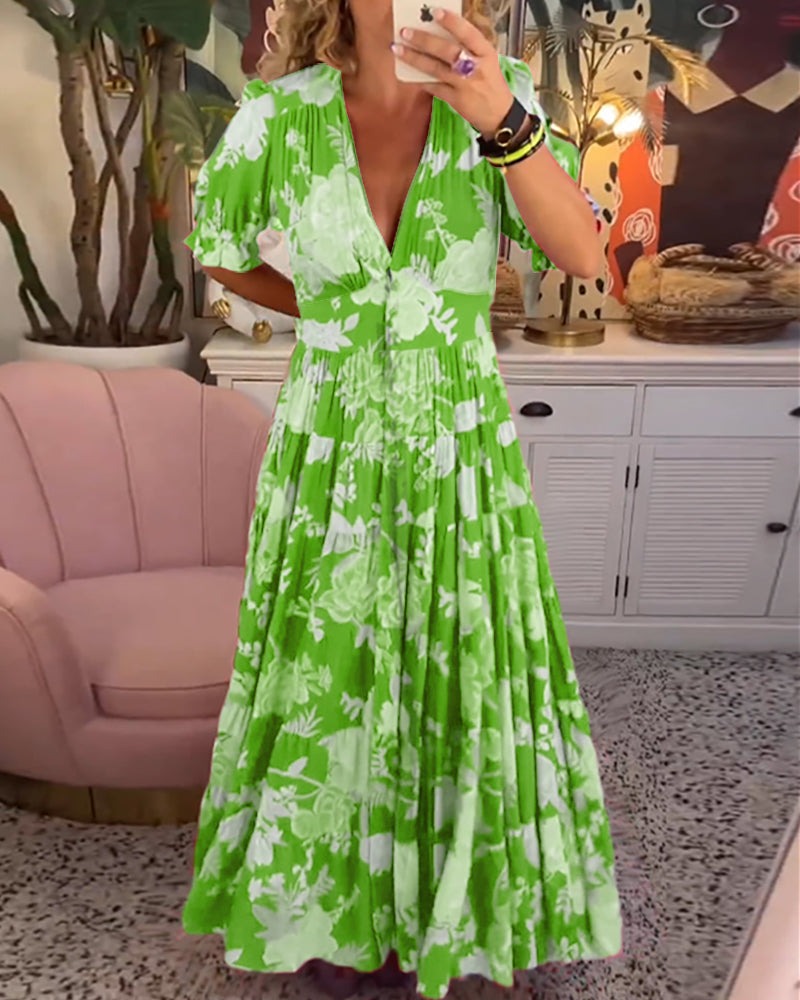 Reagan - V-Neck Short Sleeve Floral Maxi Dress