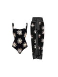 Print Sheen Quick-Dry One Piece Swimsuit with Sarong - Fireworks
