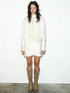 Beige Satin High-Neck Scarf-Back Mini Dress