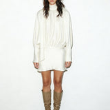 Beige Satin High-Neck Scarf-Back Mini Dress