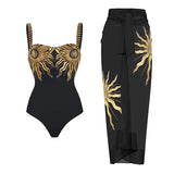 Print Sheen Quick-Dry One Piece Swimsuit with Sarong - Sunflower