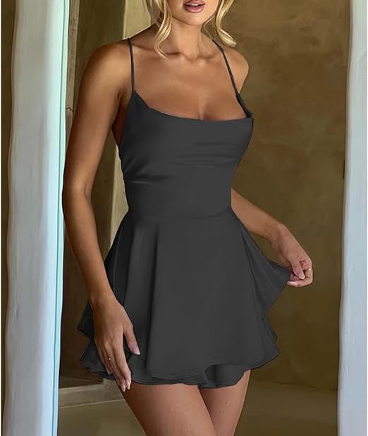 Elegant Satin Romper – Red Backless Party One-Piece with Drape Neck