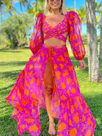 Long-Sleeve Tie-Up Printed Swimsuit Set