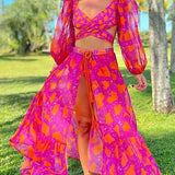 Long-Sleeve Tie-Up Printed Swimsuit Set