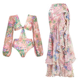 Mesh Patchwork Printed Long Sleeve Swimsuit