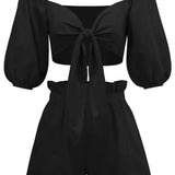 Linen Wrap Front Tie Puff Sleeve Shorts Sets