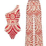 One Shoulder Ethnic Print One Piece Swimsuit