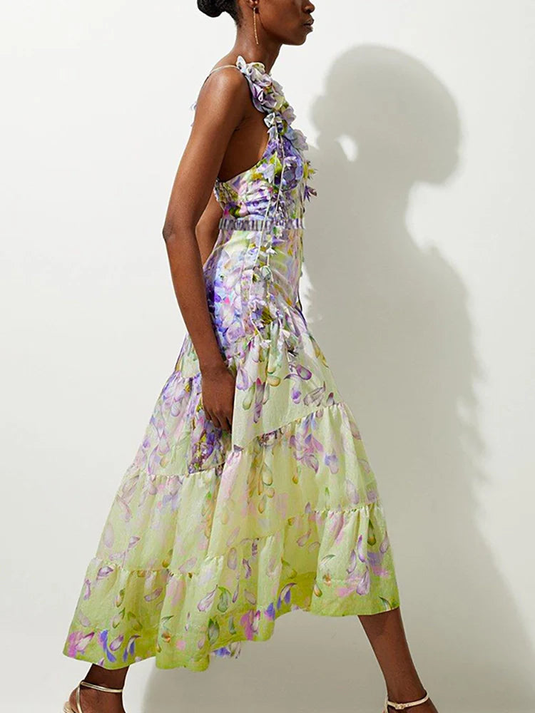 Floral Appliqué Tie-Up Fairy Style Swimsuit