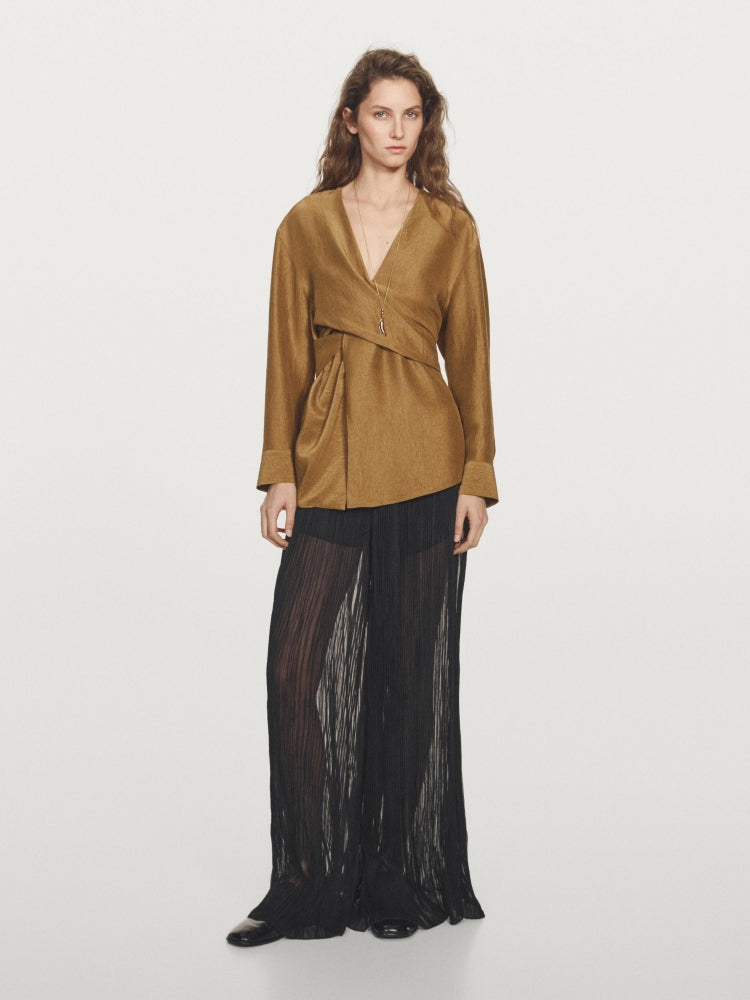 Belted V-Neck Flowing Shirt