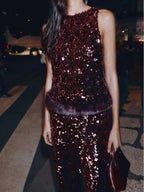 Sequined Faux Fur Hem Top & Pants Set