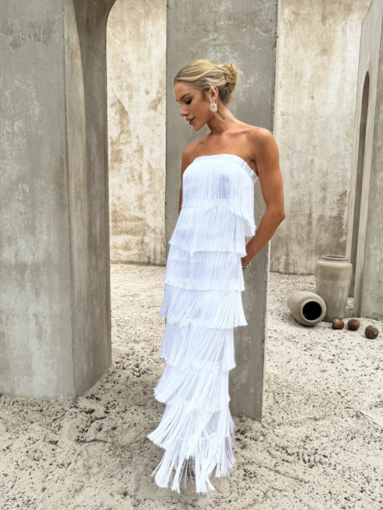 Strapless Fringe Satin Gown