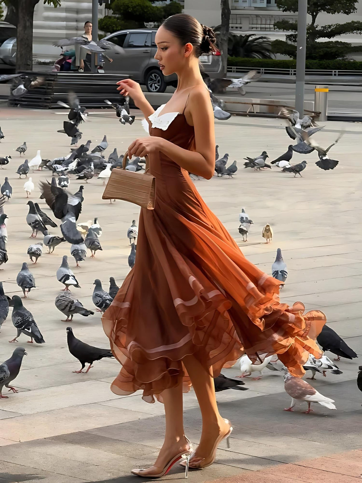 Caramel Chiffon Lace-Trim Midi Dress
