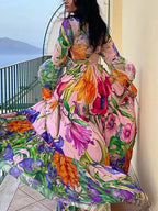 Deep V Lantern Sleeve Printed Swimsuit Set