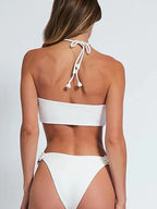 Halter Solid Color Floral Embellished Swimsuit