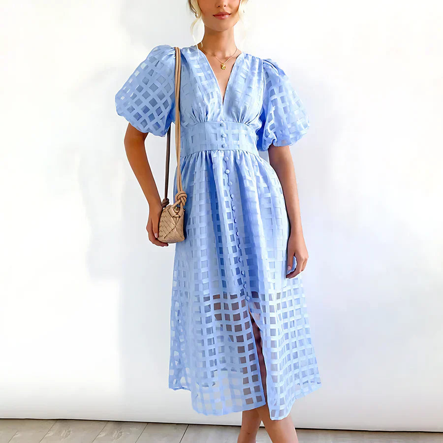 Cindy - Classic Patterned Puff Sleeve Midi Dress