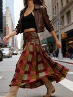 Retro Plaid Pleated Maxi Skirt